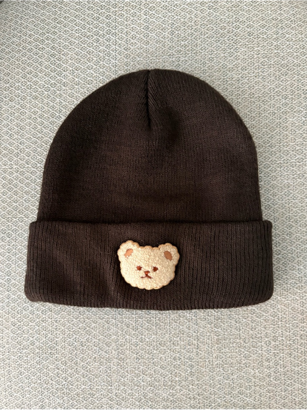 Kids Brown Knit Beanie with Cream Bear Patch NWOT